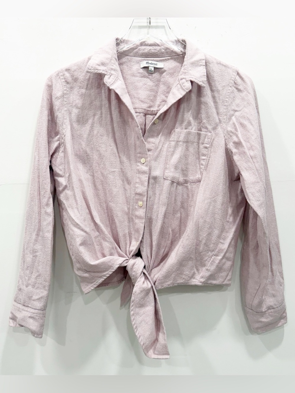 Madewell Long Sleeve Tie Front Flannel Shirt Button Front Mauve Pink Large